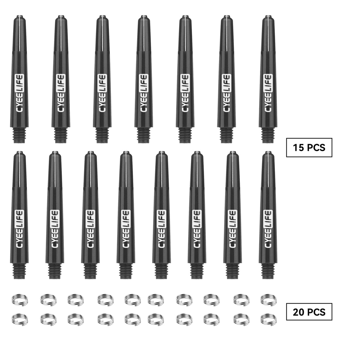 ZS02A,(XS/S/M/L/XL)15pcs PVC Dart Shafts+20pcs Metal o Rings,28/35/41/48/53mm