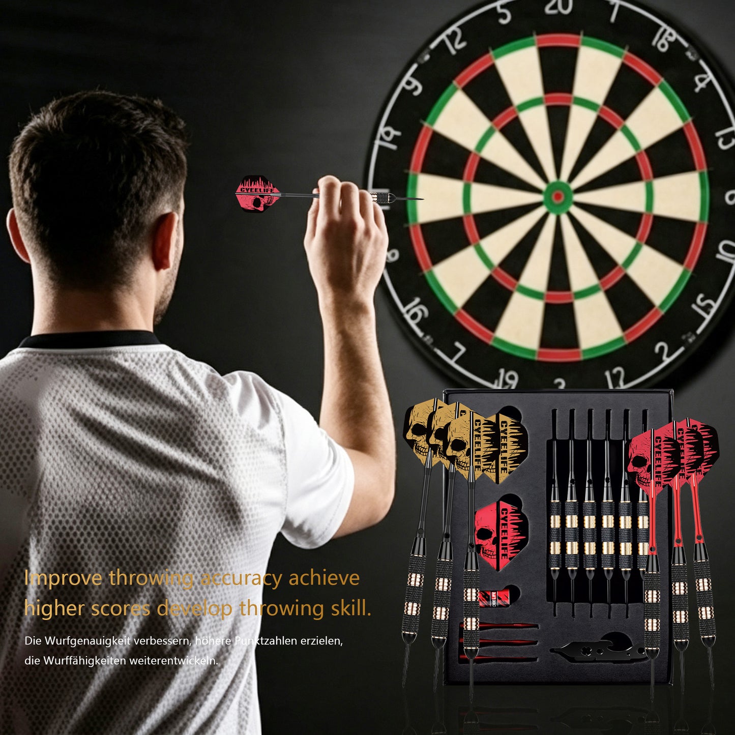 ZF04 Black Brass Steel Tip Darts Set of 6, 9 Aluminum Shafts, 24 PTE Flights, Case, Sharpener & Tool, 167mm