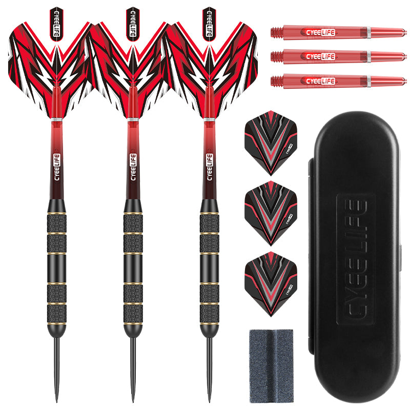 ZF02 28g Brass Steel Tip Darts Set of 3 with Sharpening Stone, 6 PC Shafts, 6 PET Flights