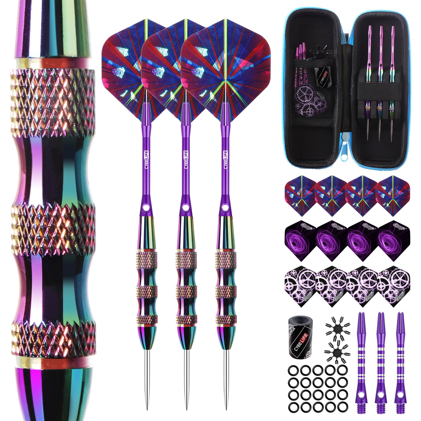 ZF12 24.4g Brass Darts Set – Professional 3-Piece Dart Kit with 12 PTE Flights, 6 Aluminum Shafts, Tip Care Stone, Rubber Rings, Flight Protectors & PU Carrying Bag, 165mm