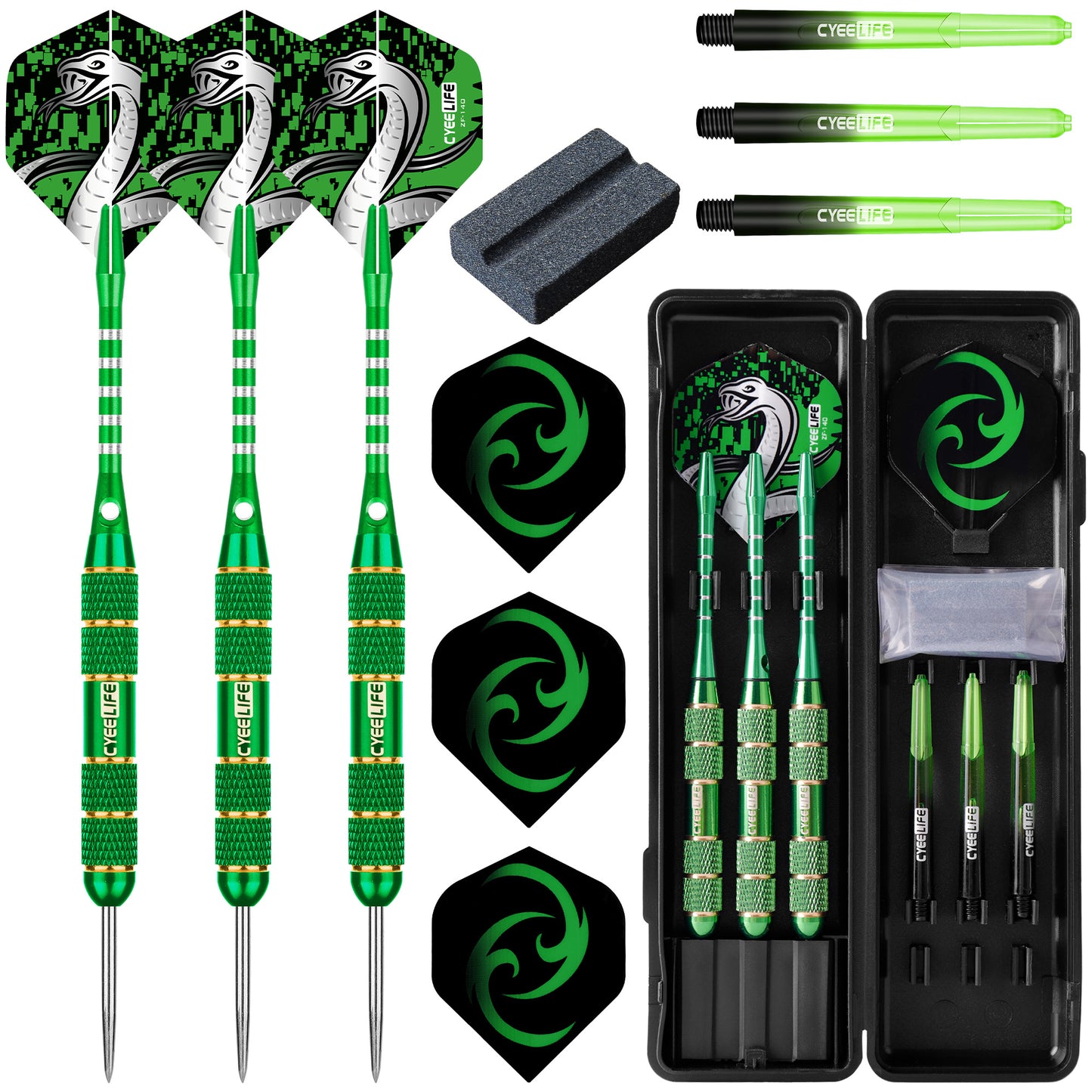ZF02 24g Brass Steel Tip Darts Set of 3 with Case, 3 Aluminum + 3 PC Shafts, 6 PET Flights, 4 Colors