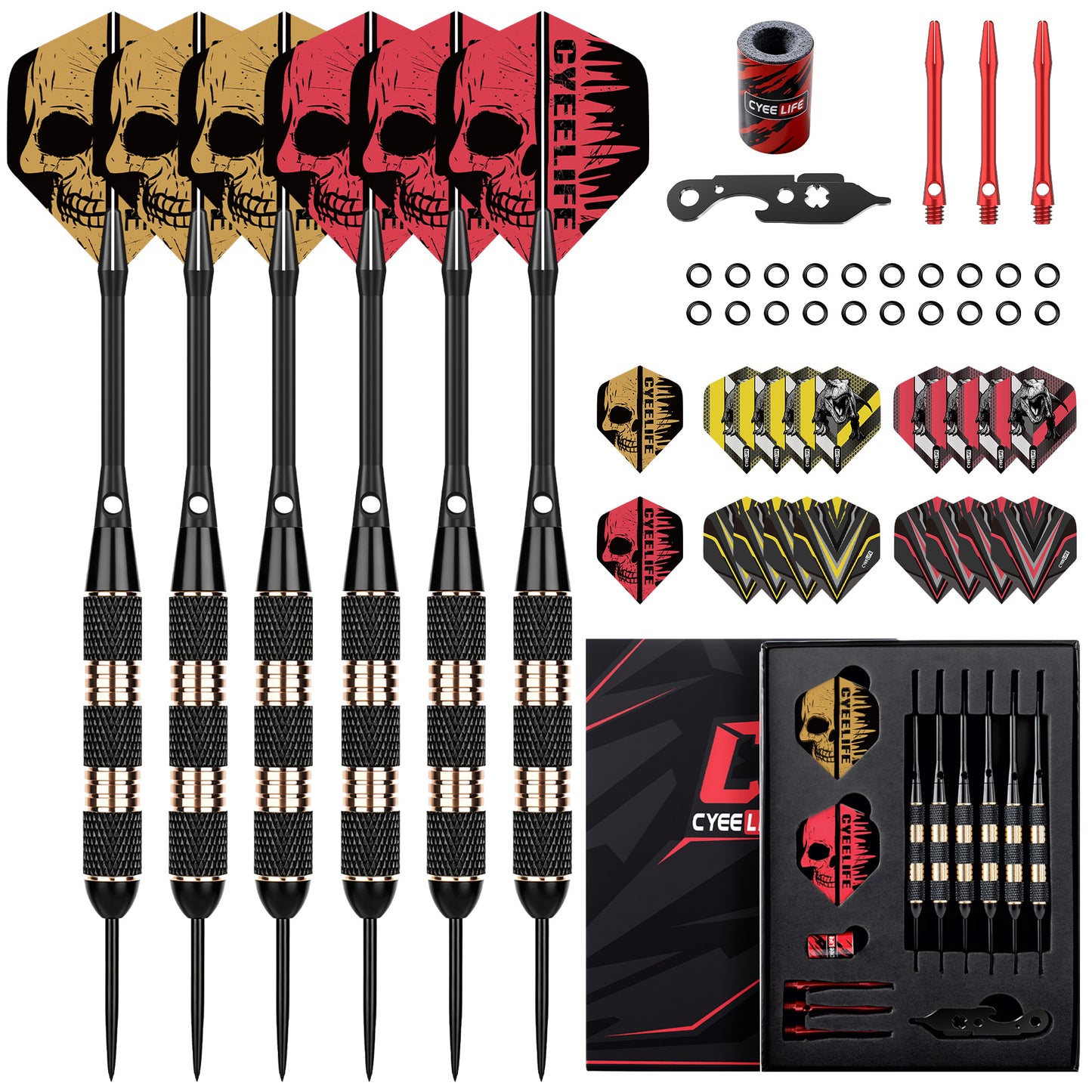 ZF04 Black Brass Steel Tip Darts Set of 6, 9 Aluminum Shafts, 24 PTE Flights, Case, Sharpener & Tool, 167mm
