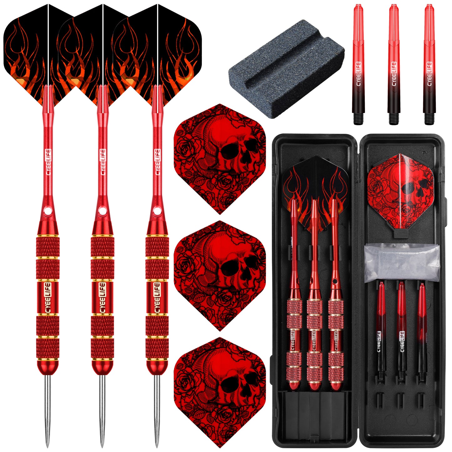 ZF02 24g Brass Steel Tip Darts Set of 3 with Case, 3 Aluminum + 3 PC Shafts, 6 PET Flights, 4 Colors