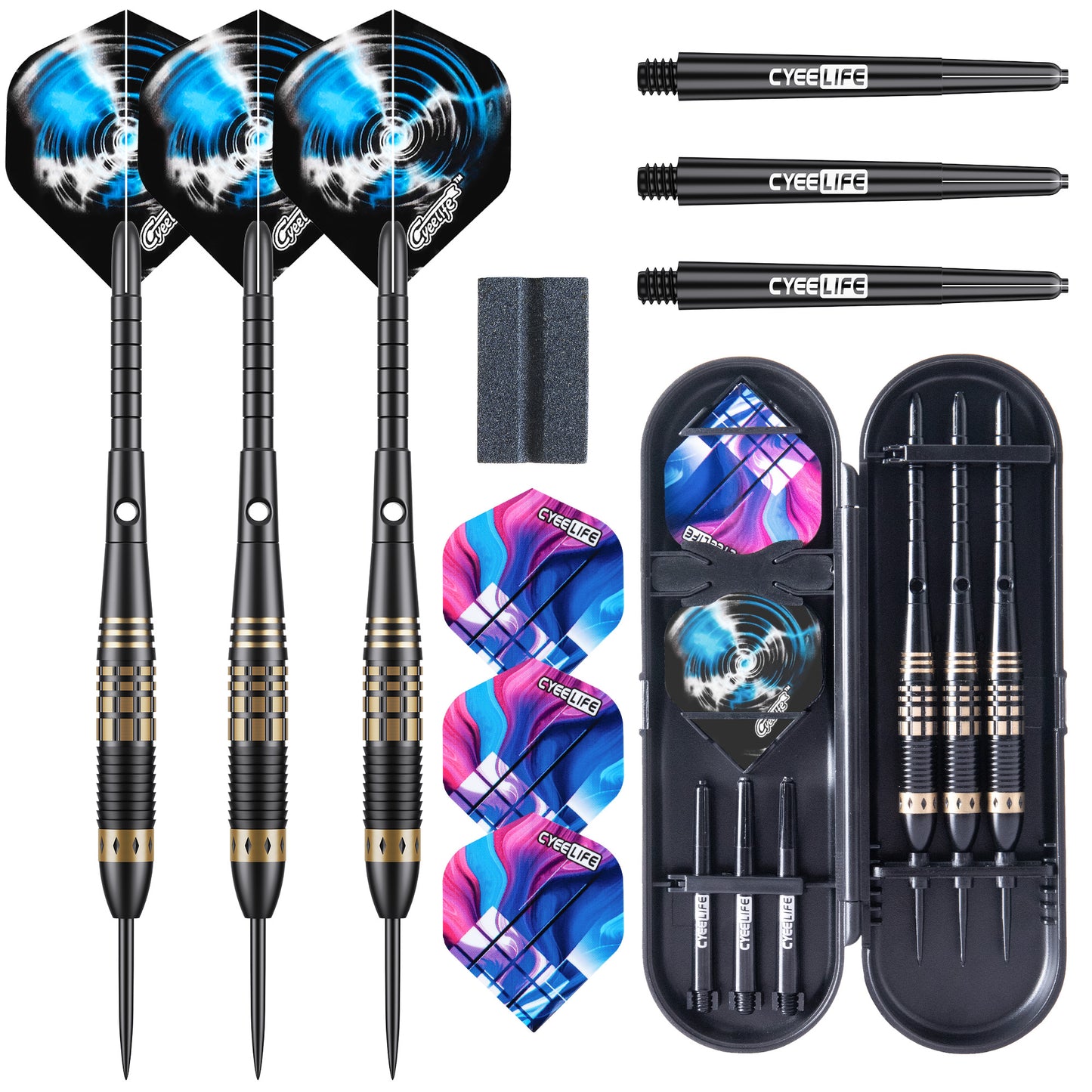 ZF10B 25g Black Brass Steel Tip Darts Set of 3, 3 Aluminum + 3 PC Shafts, 6 PTE Flights, Case & Sharpener, 166mm