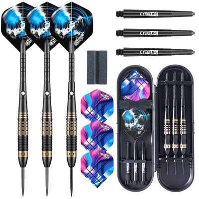 ZF10B 25g Black Brass Steel Tip Darts Set of 3, 3 Aluminum + 3 PC Shafts, 6 PTE Flights, Case & Sharpener, 166mm