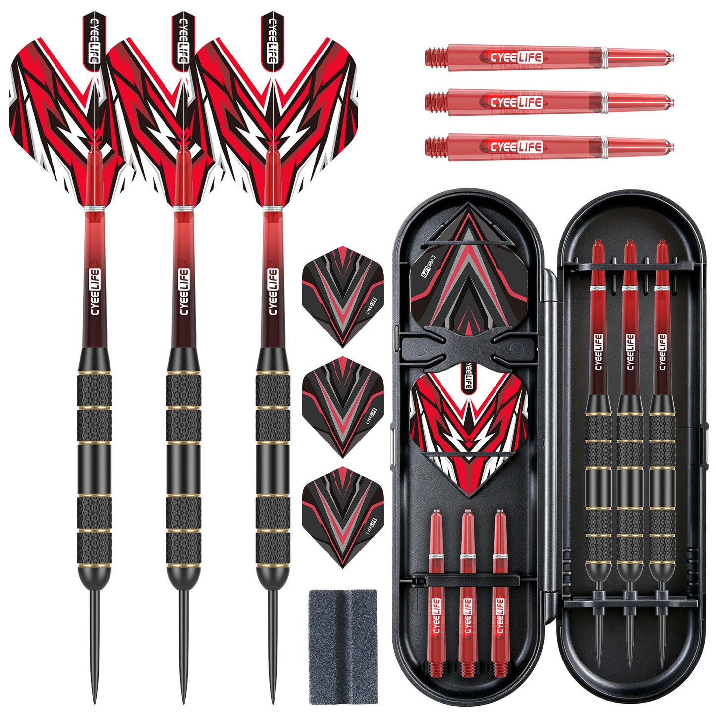 ZF02 28g Brass Steel Tip Darts Set of 3 with Sharpening Stone, 6 PC Shafts, 6 PET Flights