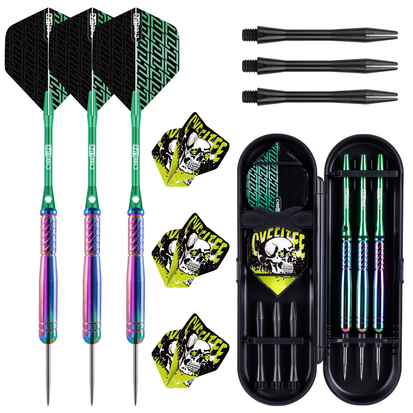 ZF10C 22g Brass Steel Tip Darts Set of 3, 3 Aluminum + 3 PC Shafts, 6 PTE Flights, Case, 169mm