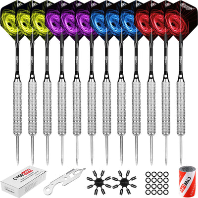 12 Pack Steel Tip Darts, Professional Metal Dart Set with 12 Premium Aluminum Shafts and 4 Style PET Flights and Sharpener,24Grams