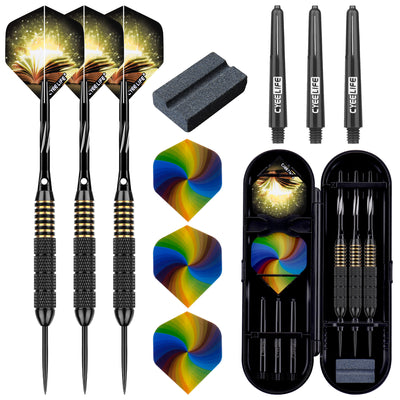 ZF07 26g Brass Steel Tip Darts Set of 3 with Sharpener, 3 Aluminum + 3 PC Shafts, 6 PTE Flights