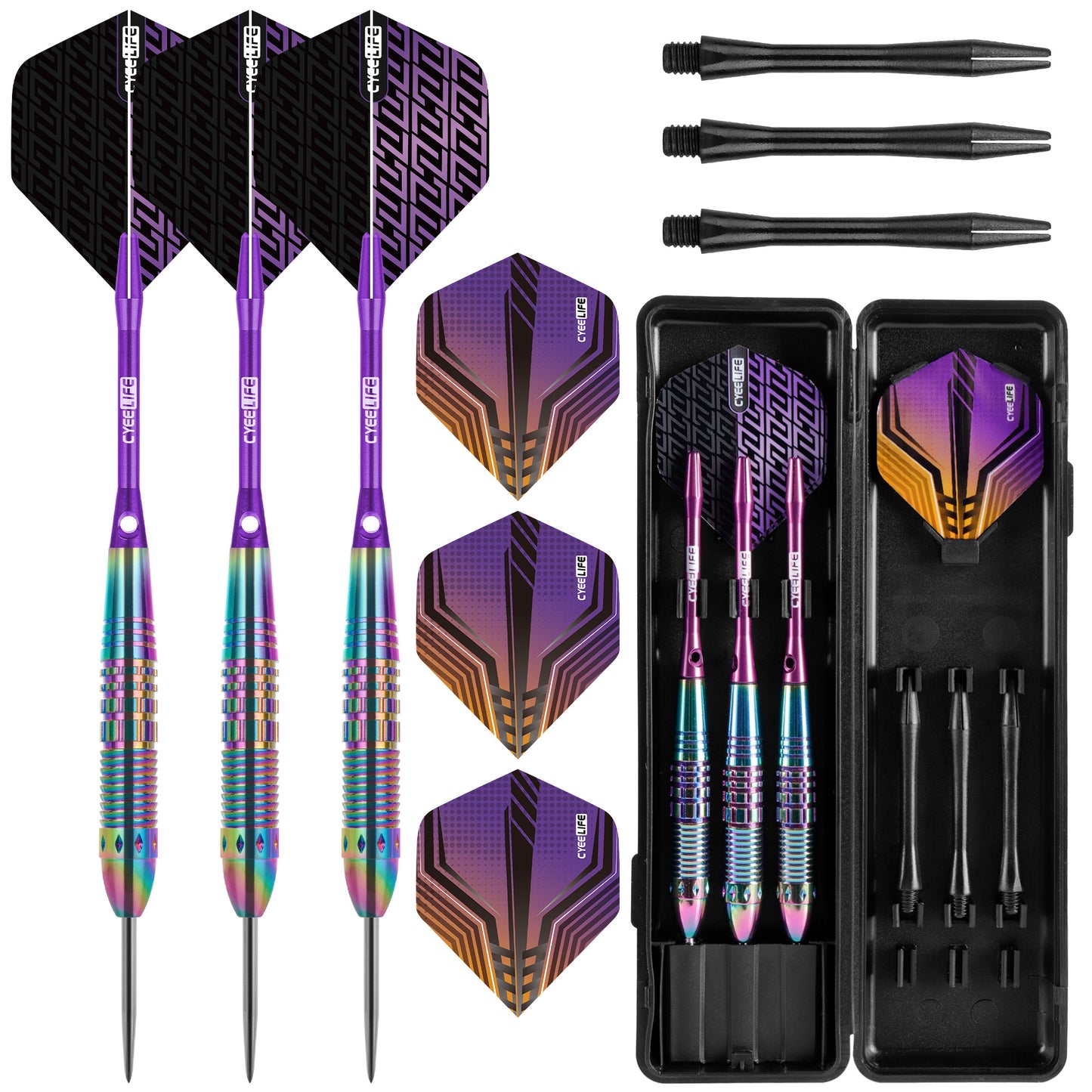 ZF10B 25g Brass Steel Tip Darts Set of 3, 3 Aluminum + 3 PC Shafts, 6 PTE Flights, Case, 166mm