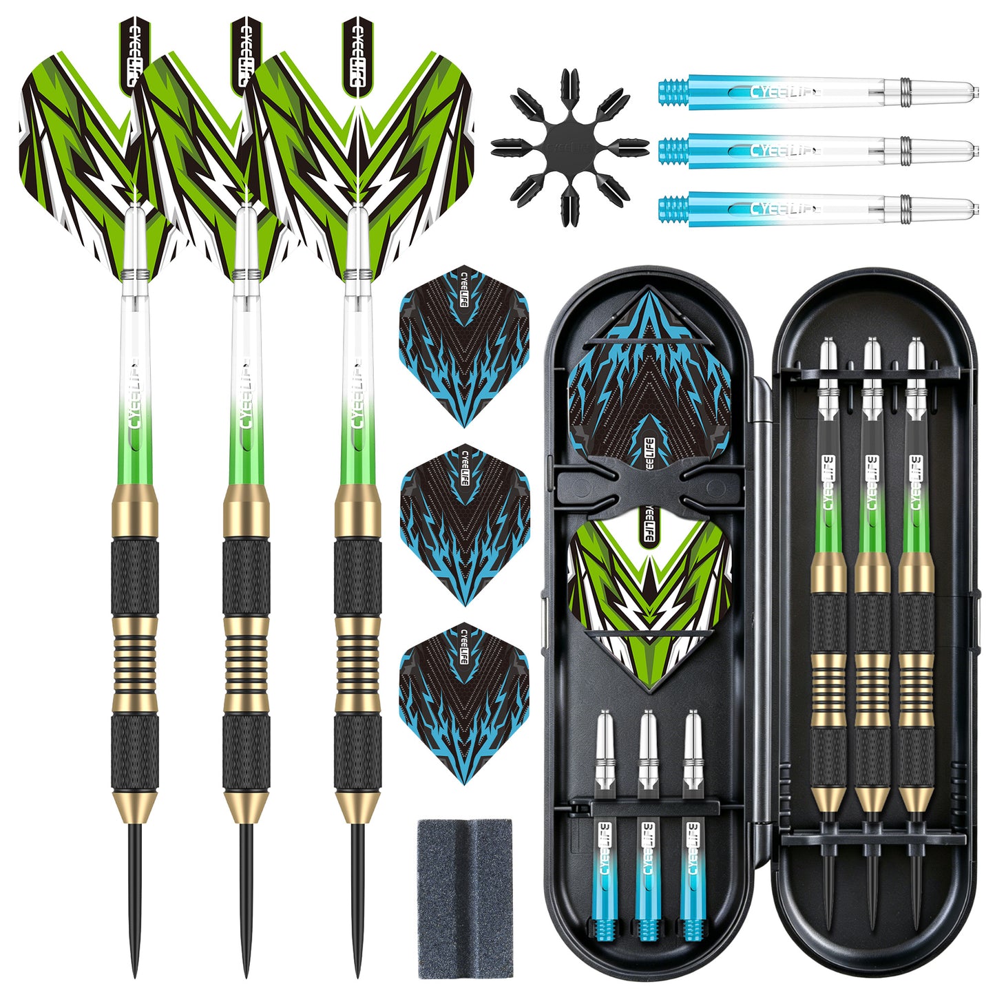 ZF05E 23g Brass Steel Tip Darts Set of 3 with Case, 6 PC Shafts, 6 PET Flights, Sharpener & 8 Protectors