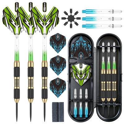 ZF05E 23g Brass Steel Tip Darts Set of 3 with Case, 6 PC Shafts, 6 PET Flights, Sharpener & 8 Protectors