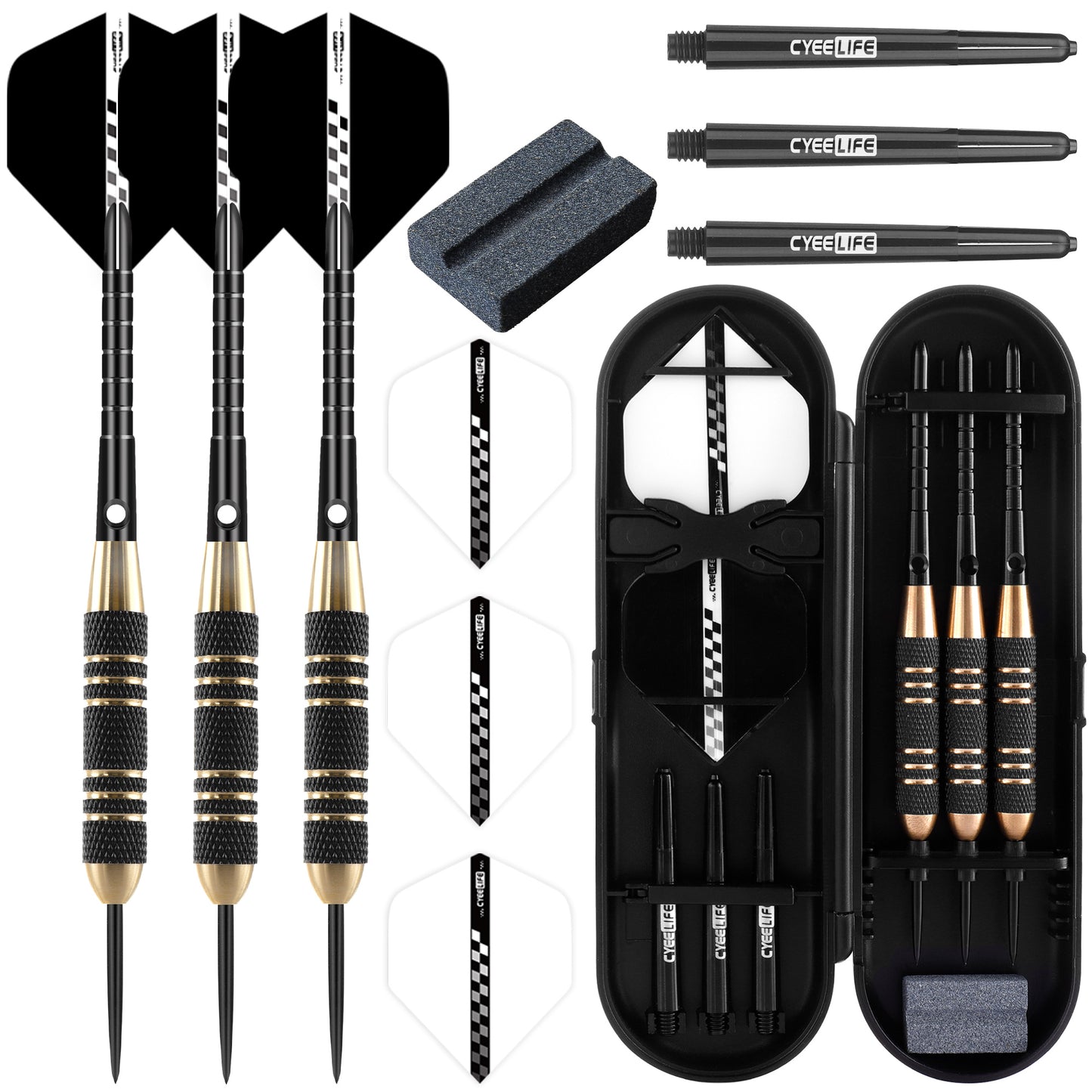 ZF05F 24g Brass Steel Tip Darts Set of 3 with Sharpener, 3 Aluminum + 3 PC Shafts, 6 PTE Flights