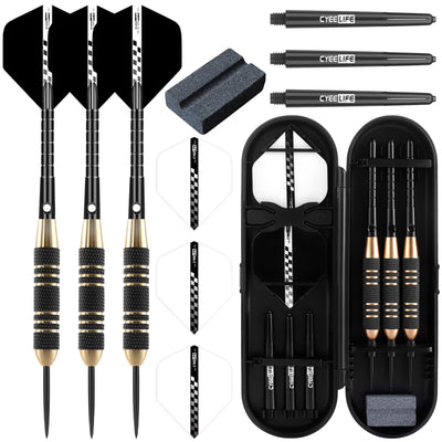 ZF05F 24g Brass Steel Tip Darts Set of 3 with Sharpener, 3 Aluminum + 3 PC Shafts, 6 PTE Flights