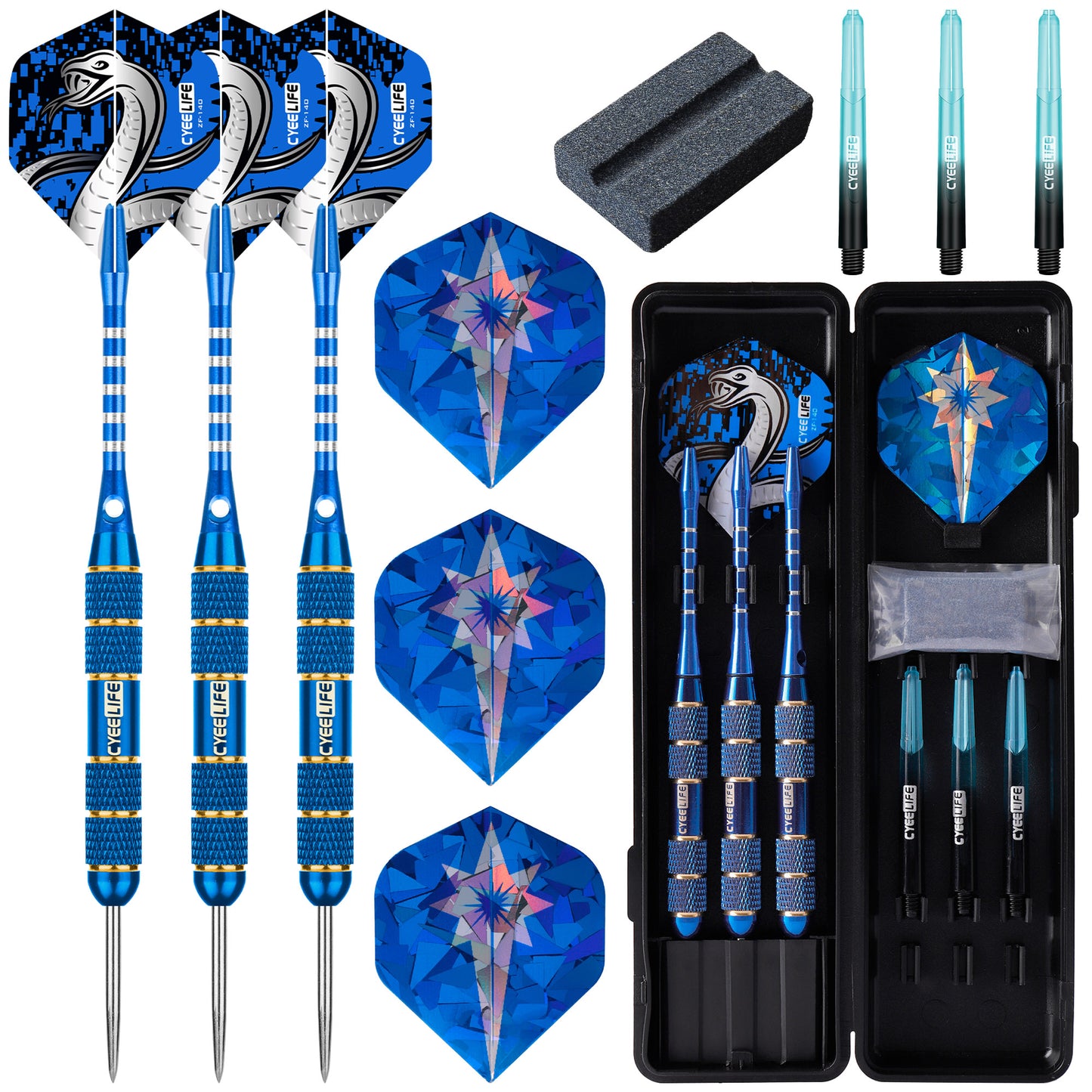ZF02 24g Brass Steel Tip Darts Set of 3 with Case, 3 Aluminum + 3 PC Shafts, 6 PET Flights, 4 Colors