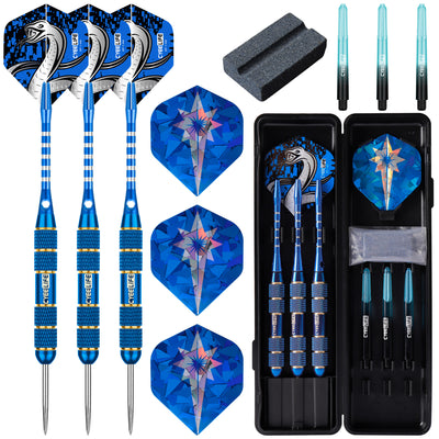 ZF02 24g Brass Steel Tip Darts Set of 3 with Case, 3 Aluminum + 3 PC Shafts, 6 PET Flights, 4 Colors