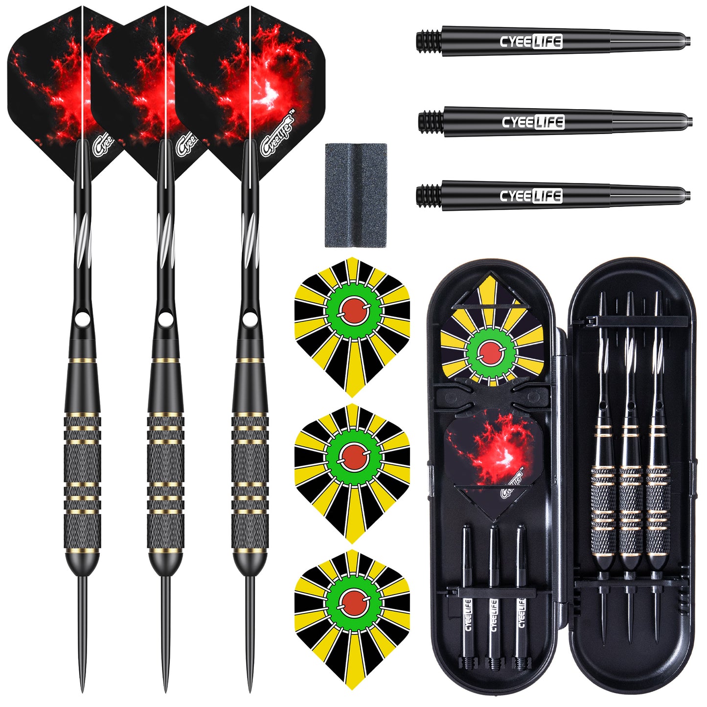 ZF10A 28g Brass Steel Tip Darts Set of 3, 3 Aluminum + 3 PC Shafts, 6 PTE Flights, Case & Sharpener, 163mm