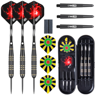 ZF10A 28g Brass Steel Tip Darts Set of 3, 3 Aluminum + 3 PC Shafts, 6 PTE Flights, Case & Sharpener, 163mm