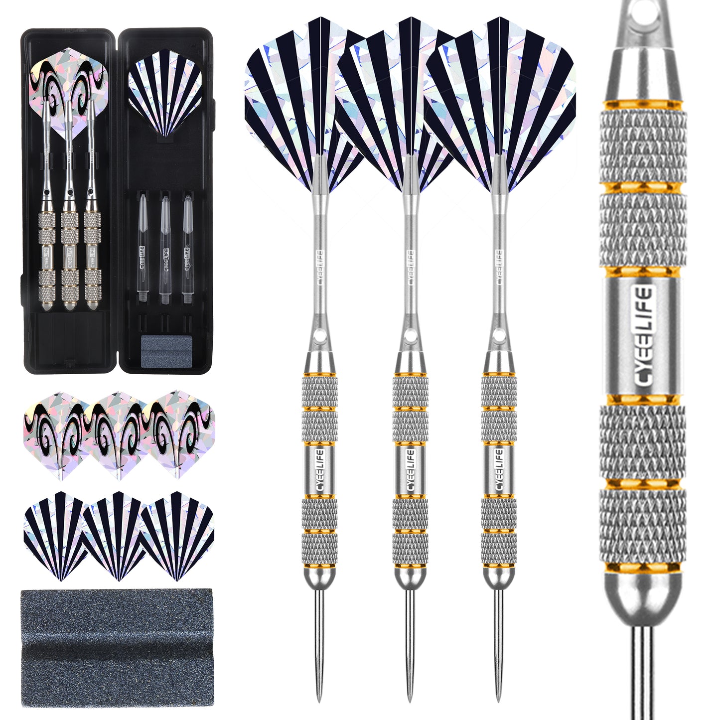 ZF02 24g Brass Steel Tip Darts Set of 3 with Case, 3 Aluminum + 3 PC Shafts, 6 PET Flights, 4 Colors