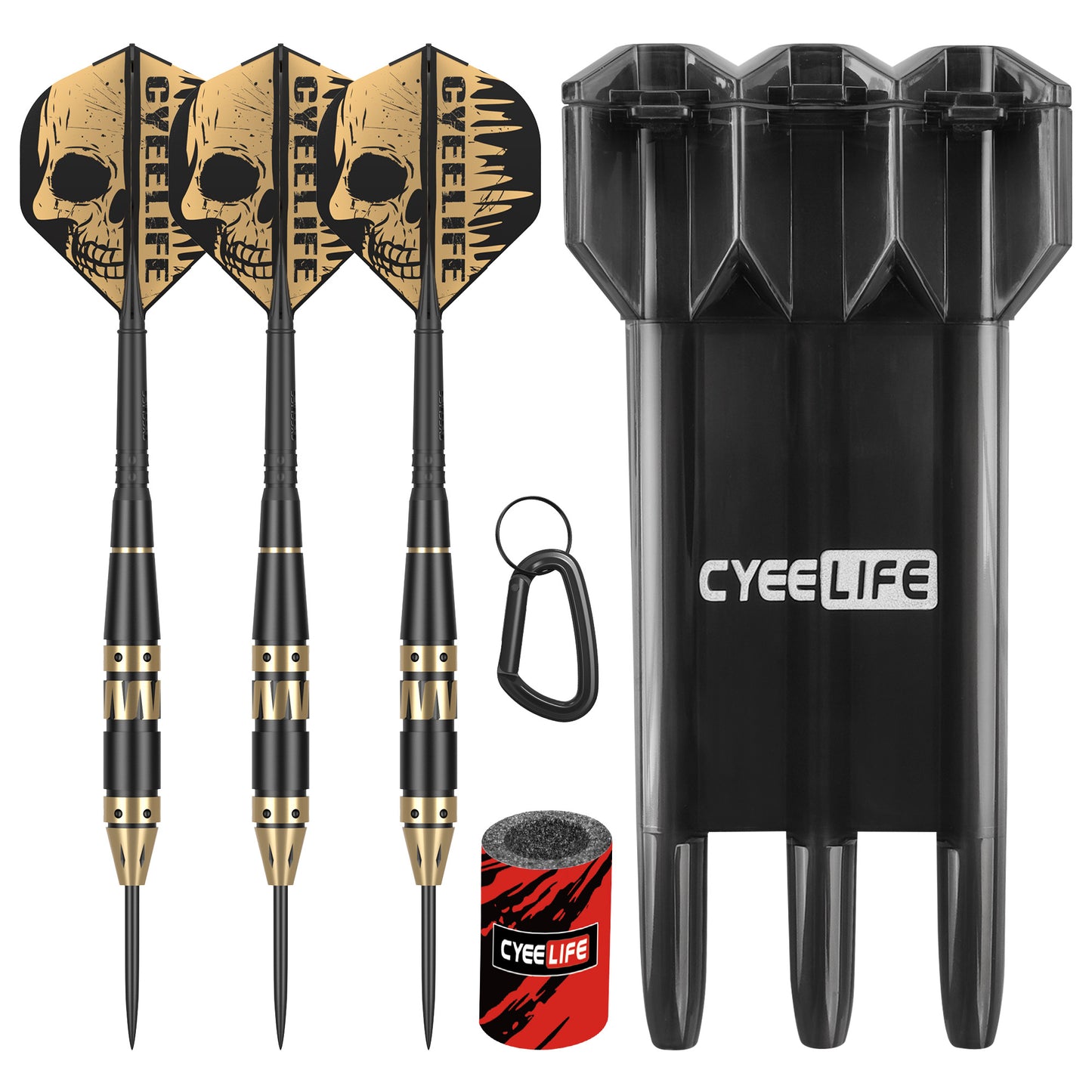 ZF10D 26g Black Brass Steel Tip Darts Set of 3, Integrated Flights, Case & Sharpener, 156mm