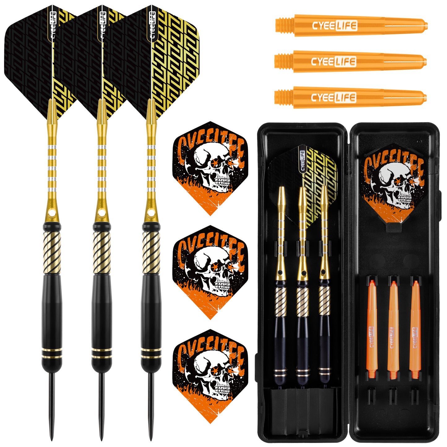ZF10C 22g Brass Steel Tip Darts Set of 3, 3 Aluminum + 3 PC Shafts, 6 PTE Flights, Case, 169mm