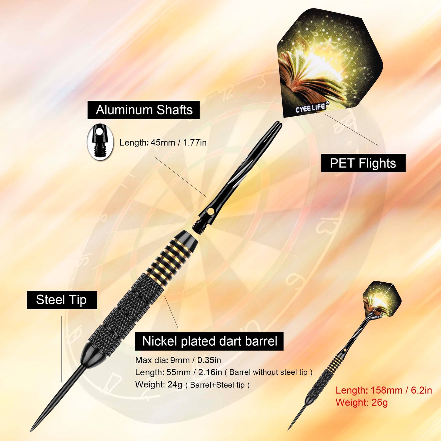 ZF07 26g Brass Steel Tip Darts Set of 3 with Sharpener, 3 Aluminum + 3 PC Shafts, 6 PTE Flights