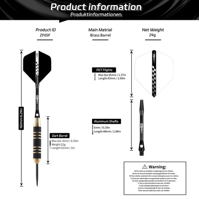 ZF05F 6PCS Steel tip Brass DARTS SET 24G with Tool,Sharpener and Extra Flights