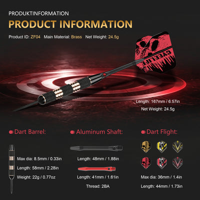 ZF04 Black Brass Steel Tip Darts Set of 6, 9 Aluminum Shafts, 24 PTE Flights, Case, Sharpener & Tool, 167mm