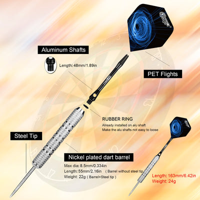 12 Pack Steel Tip Darts, Professional Metal Dart Set with 12 Premium Aluminum Shafts and 4 Style PET Flights and Sharpener,24Grams