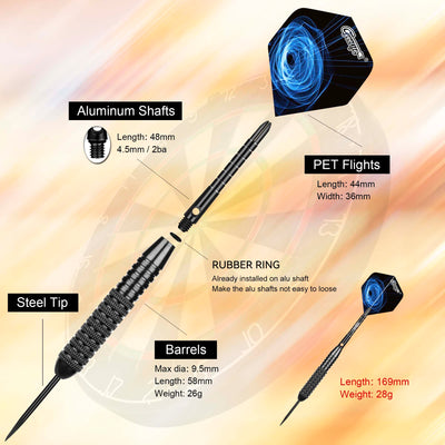 ZB02- 6PCS Steel tip DARTS SET 28G with plastic dart case and Extra accessories （Dart barrel 26g )