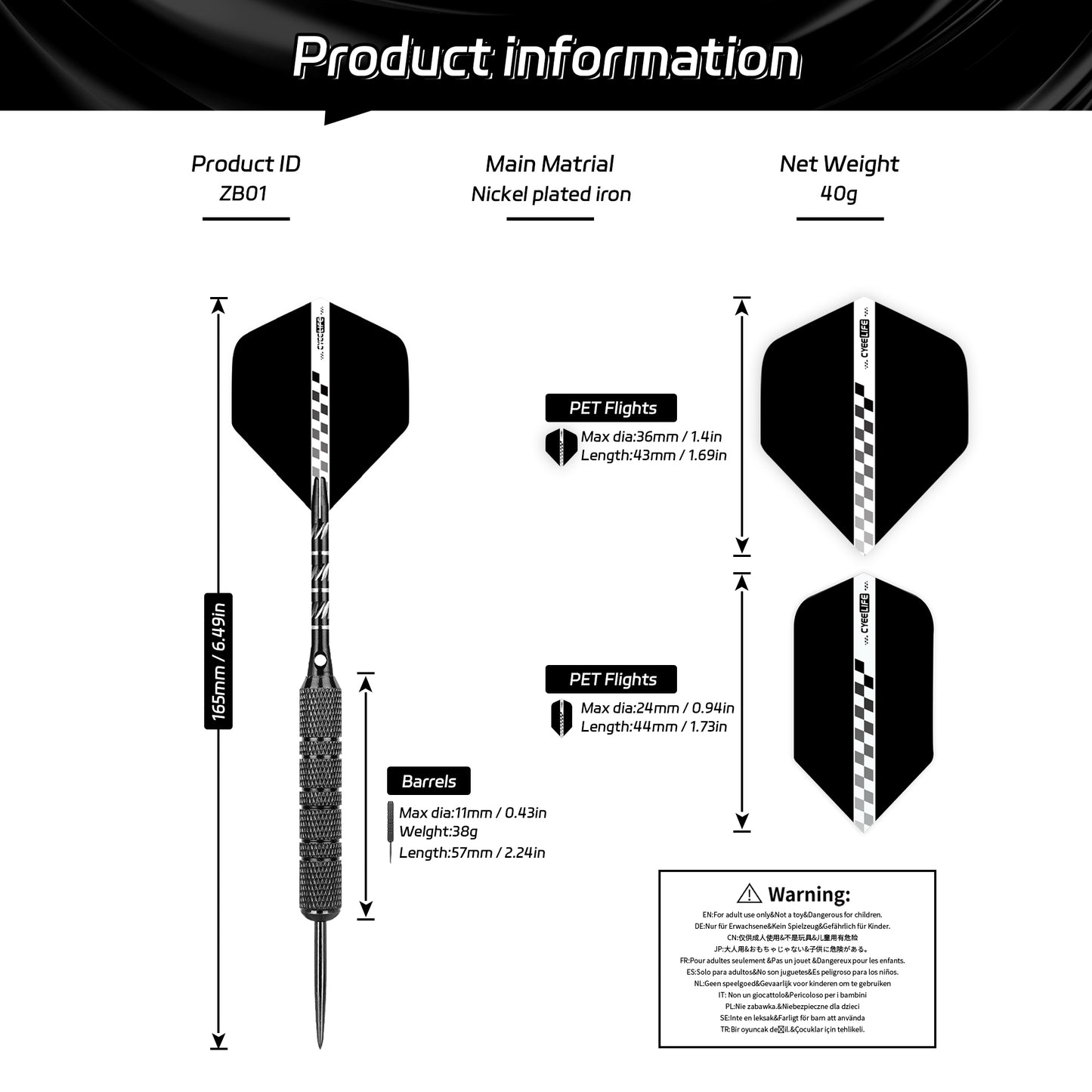 ZB01 -40g Steel Darts with case&Alu Shafts,Professional bar darts steel tip set （Dart Barrels 38g）
