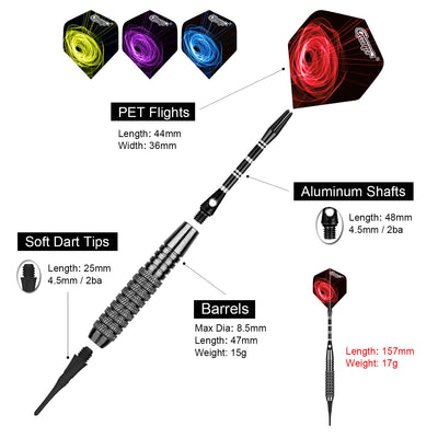 Soft Tip Darts 18/20/24g with extra accessories,black/silver