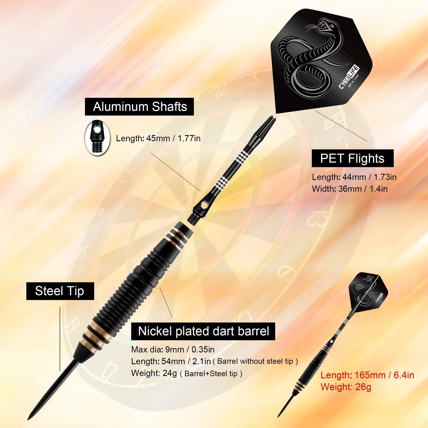 ZF09 26g Brass Steel Tip Darts Set of 3, 3 Aluminum + 3 PC Shafts, 6 PTE Flights, Case & Sharpener