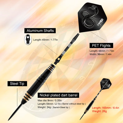 ZF09 26g Brass Steel Tip Darts Set of 3, 3 Aluminum + 3 PC Shafts, 6 PTE Flights, Case & Sharpener