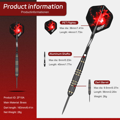 ZF10A 28g Brass Steel Tip Darts Set of 3, 3 Aluminum + 3 PC Shafts, 6 PTE Flights, Case & Sharpener, 163mm