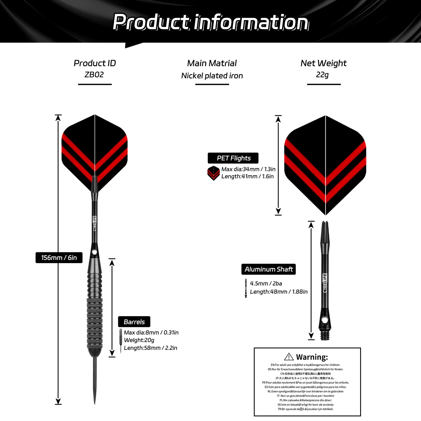ZB02-22g Steel Darts Alu Shafts,Professional bar darts steel tip set （Dart Barrels 20g）