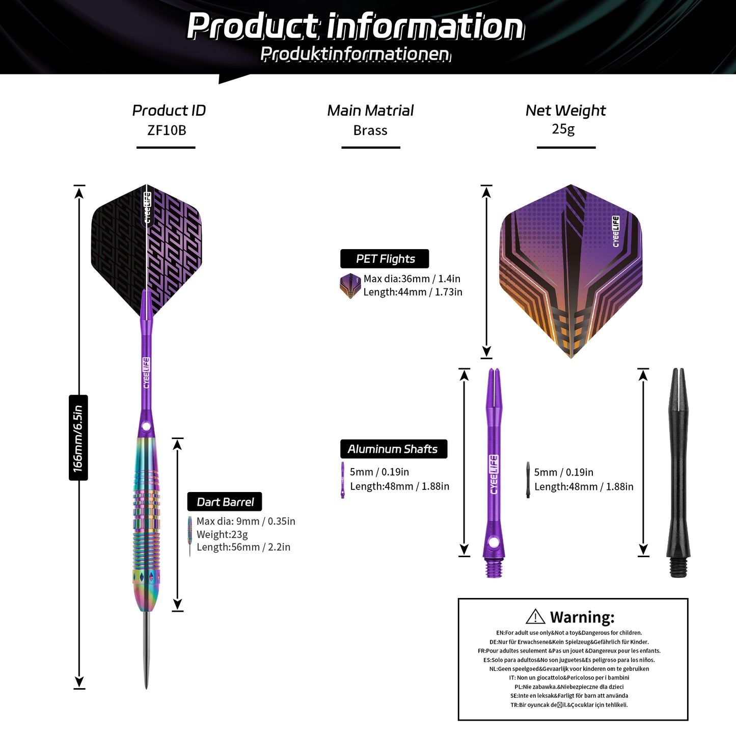 ZF10B 25g Brass Steel Tip Darts Set of 3, 3 Aluminum + 3 PC Shafts, 6 PTE Flights, Case, 166mm
