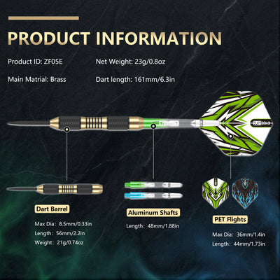 ZF05E 23g Brass Steel Tip Darts Set of 3 with Case, 6 PC Shafts, 6 PET Flights, Sharpener & 8 Protectors