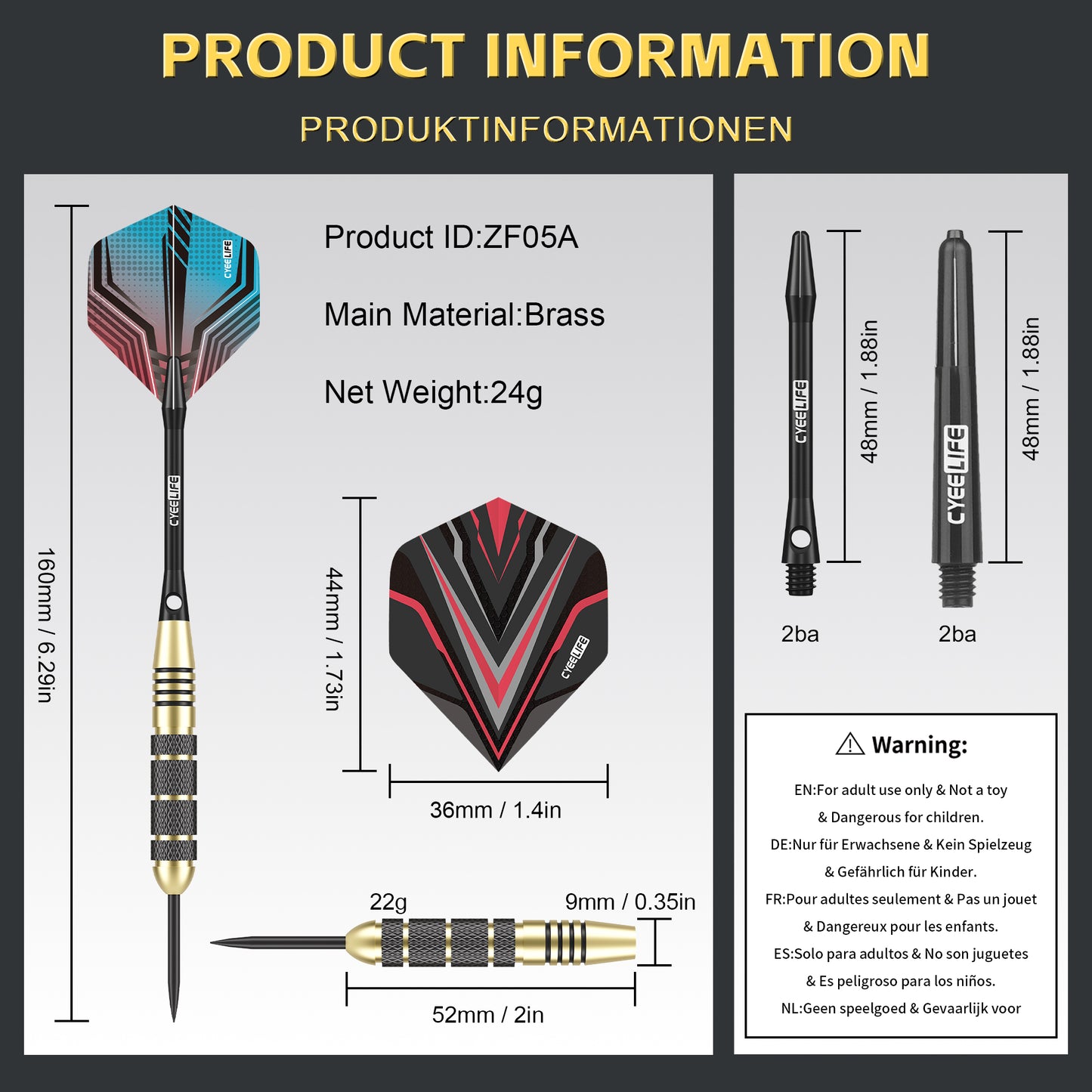 ZF05A Brass steel tip darts set 22g