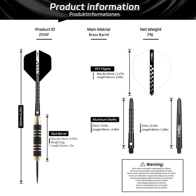 ZF05F 24g Brass Steel Tip Darts Set of 3 with Sharpener, 3 Aluminum + 3 PC Shafts, 6 PTE Flights