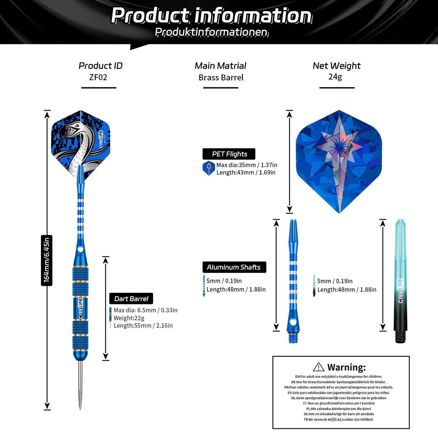 ZF02 24g Brass Steel Tip Darts Set of 3 with Case, 3 Aluminum + 3 PC Shafts, 6 PET Flights, 4 Colors