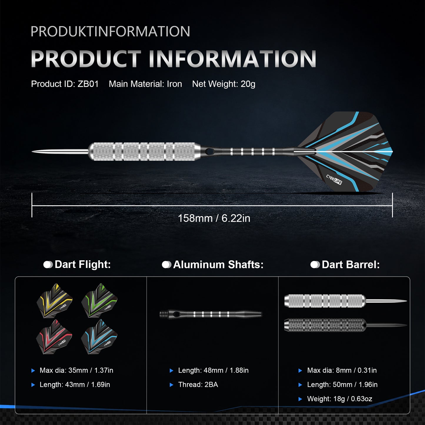 ZB01 -20G Steel Tip Dart Set, Metal Tip Darts with Aluminum Shafts,12 Extra Flights,Dart Tool, Dart Sharpener,Flights Protector,Dart Set