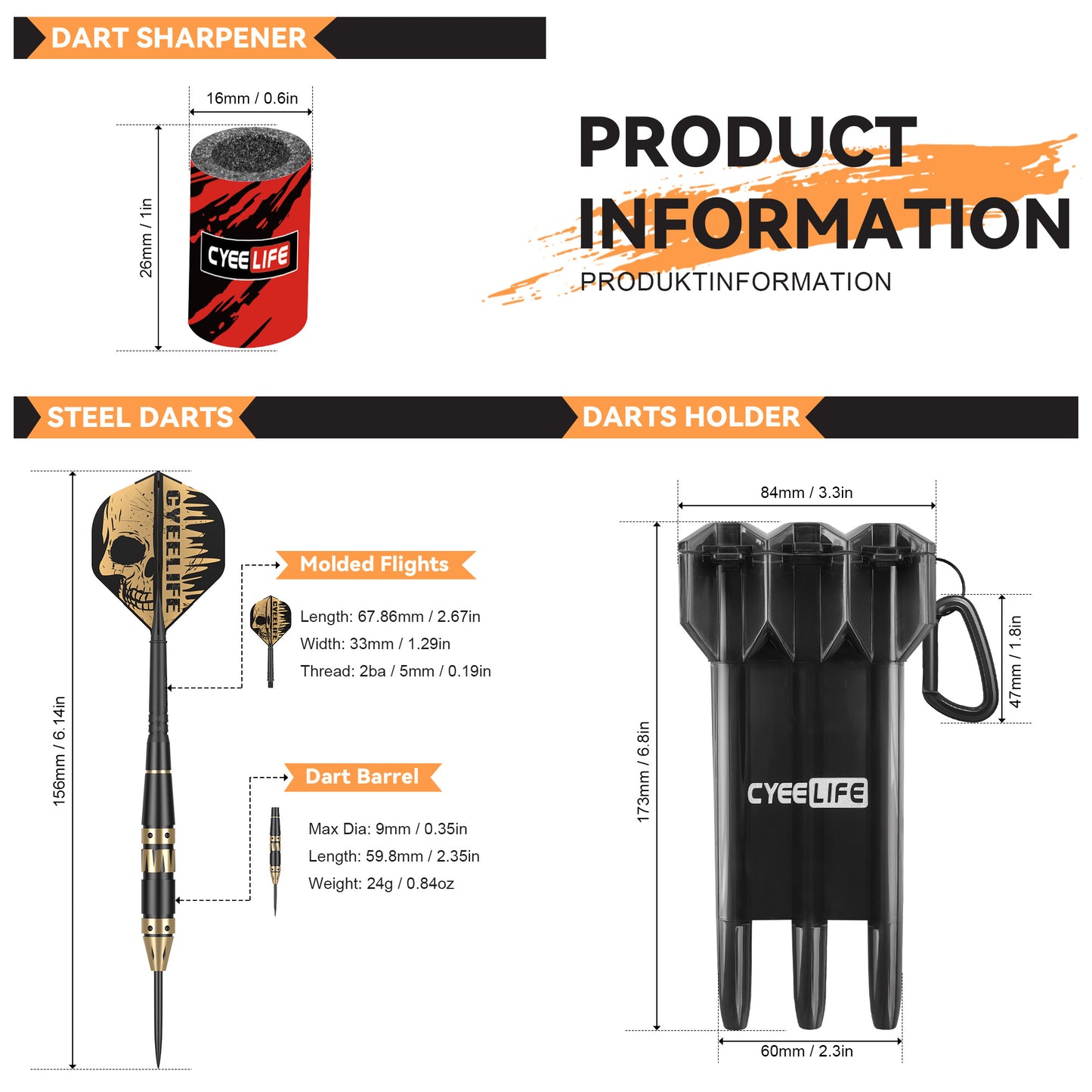 ZF10D 26g Black Brass Steel Tip Darts Set of 3, Integrated Flights, Case & Sharpener, 156mm