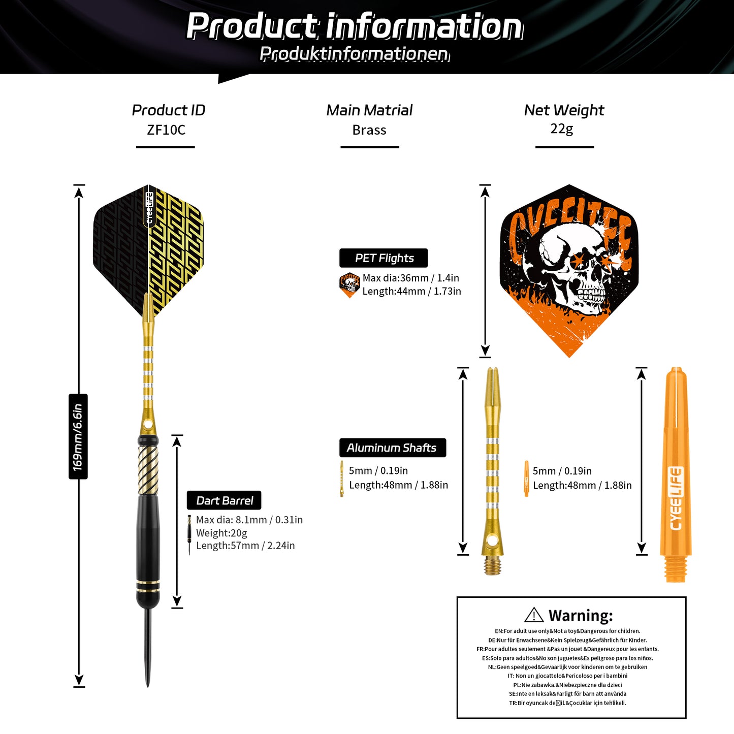 ZF10C 22g Brass Steel Tip Darts Set of 3, 3 Aluminum + 3 PC Shafts, 6 PTE Flights, Case, 169mm