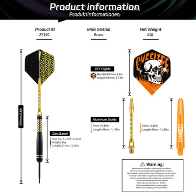 ZF10C 22g Brass Steel Tip Darts Set of 3, 3 Aluminum + 3 PC Shafts, 6 PTE Flights, Case, 169mm