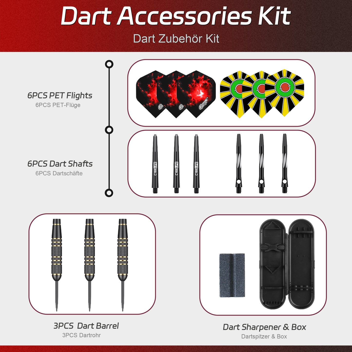 ZF10A 28g Brass Steel Tip Darts Set of 3, 3 Aluminum + 3 PC Shafts, 6 PTE Flights, Case & Sharpener, 163mm