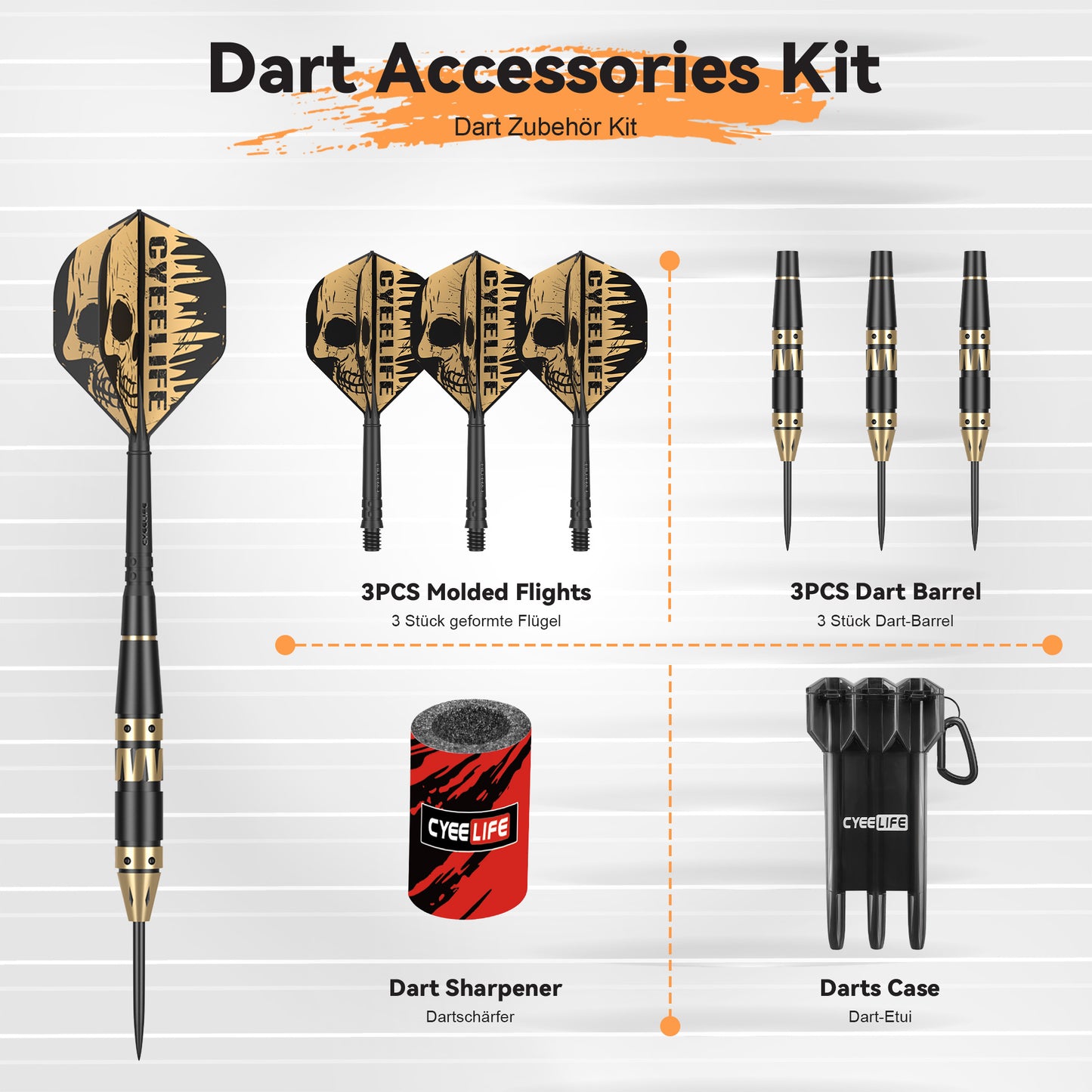ZF10D 26g Black Brass Steel Tip Darts Set of 3, Integrated Flights, Case & Sharpener, 156mm
