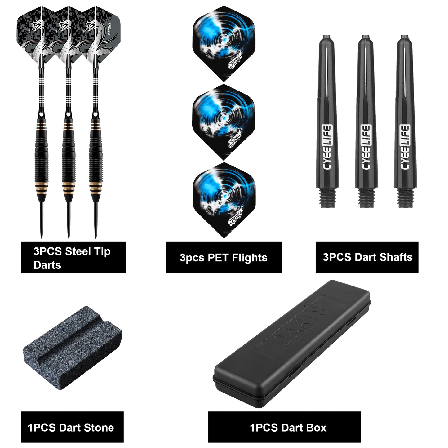 ZF09 26g Brass Steel Tip Darts Set of 3, 3 Aluminum + 3 PC Shafts, 6 PTE Flights, Case & Sharpener