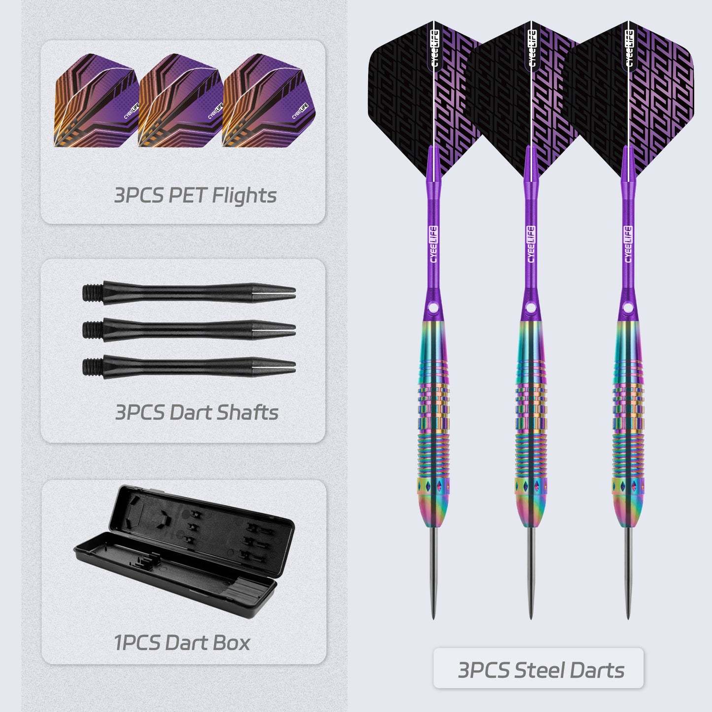 ZF10B 25g Brass Steel Tip Darts Set of 3, 3 Aluminum + 3 PC Shafts, 6 PTE Flights, Case, 166mm