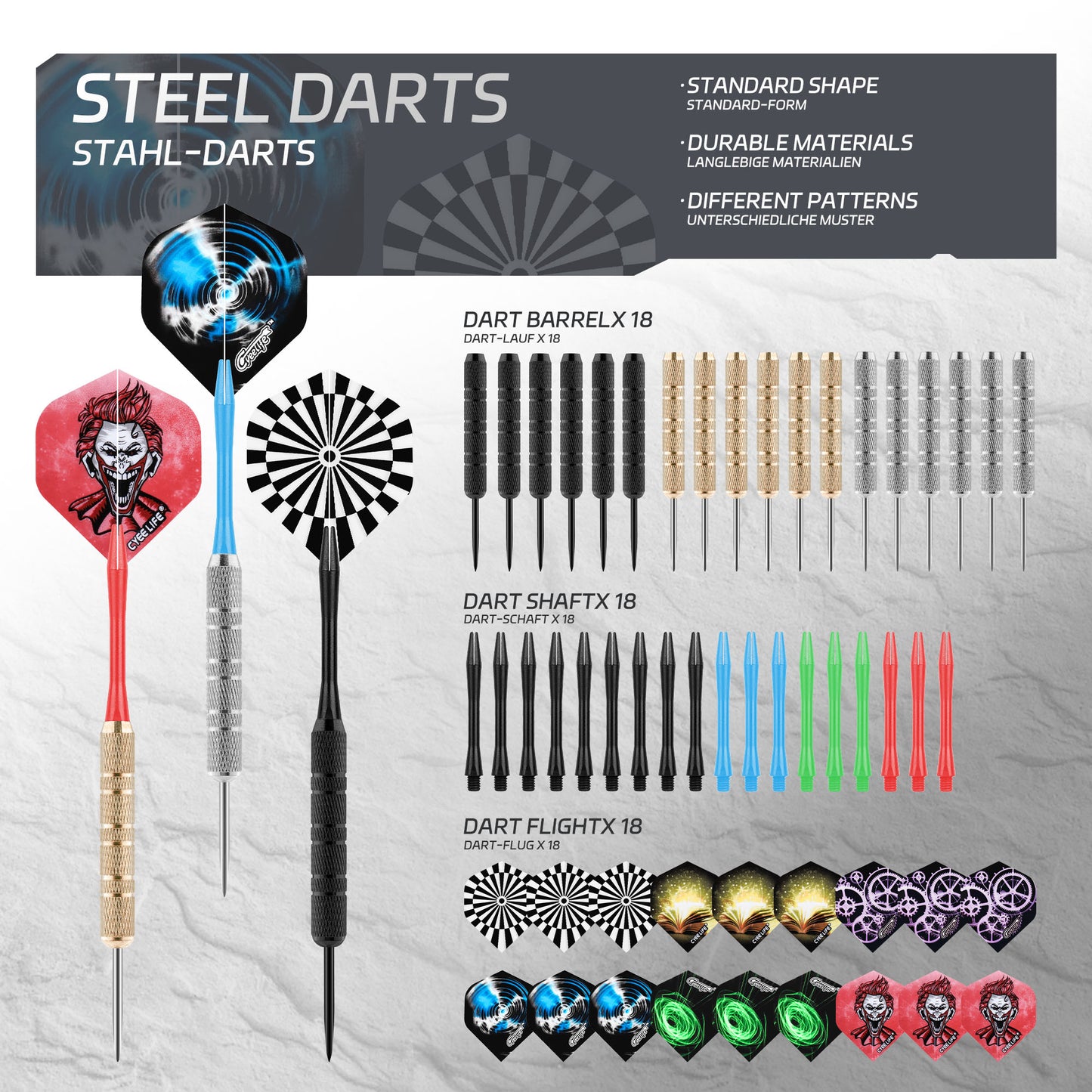 Darts Metal Tip, 18 Pieces Professional Steel Darts, Steel Darts Set with Shaft and Flights, for Beginners and Hobbyists 18g